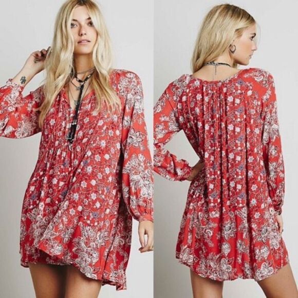 Free People Mini Dress Lucky Loosey Floral Blood Orange Red Size XS Bohemian - Picture 1 of 13